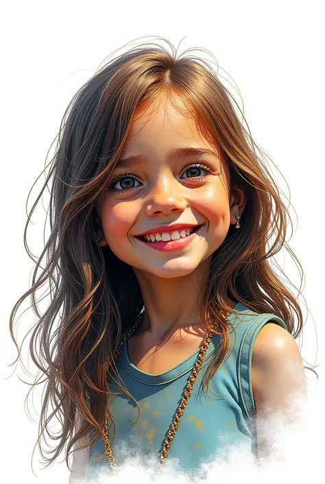 A bronze statue of a , very detailed, child, long straight hair. burning smile, colourful drawing. white background. drawing style , filled line art, 2d. 