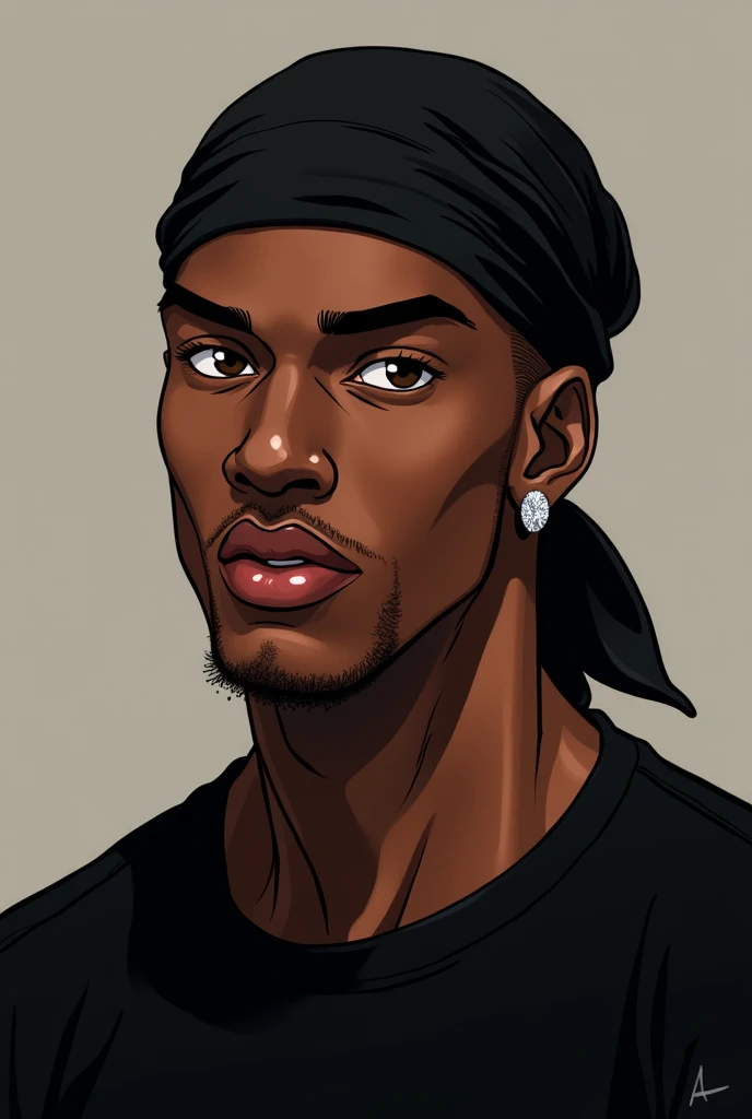 a black man with short hair shaved on the sides, wearing a black durag, diamond earring in the ears, with black shirt, portraite, brown eye color. anime styling. very dark espresso skin color. wide nose, large lips