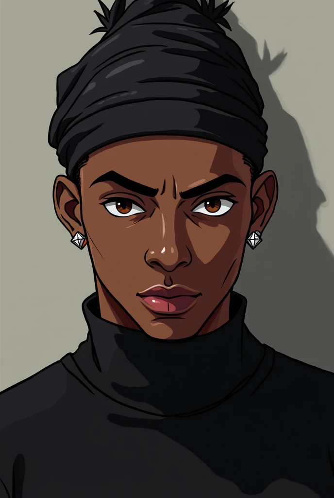 a black man with short hair shaved on the sides, wearing a black durag, diamond earring in the ears, with black shirt, portraite, brown eye color. anime styling. very dark espresso skin color. wide nose, large lips