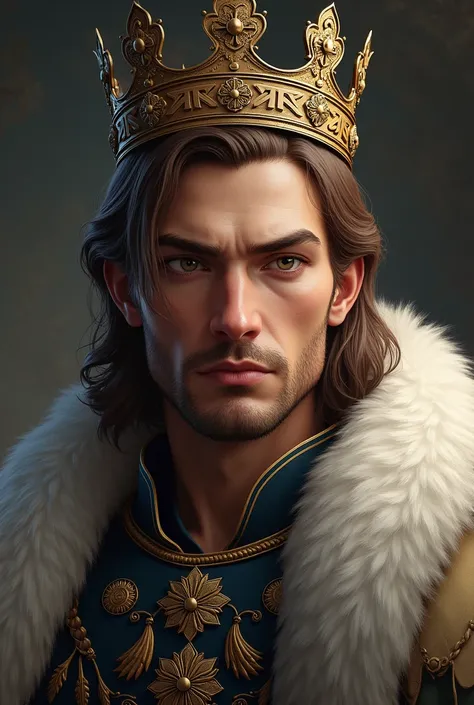 Nordic man with medium brown hair, of clear eyes, with a royal crown 