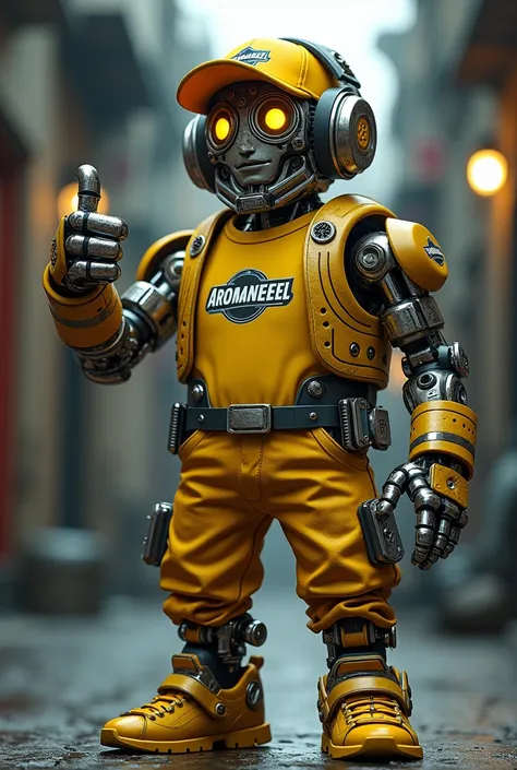 a man made of nuts and bolts,wearing aromaneel engine oil t-shirt,yellow pants,golden shoes,thumbs up,yellow cap with aromaneel engine oil brand,intricate details,highly detailed,photorealistic,octane render,cinematic lighting,dramatic shadows,hyper realis...