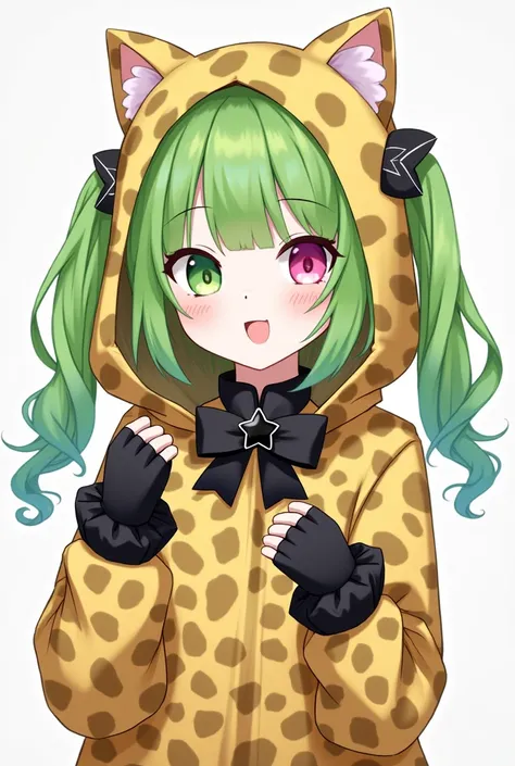 Green haired girl, with green pigtails, with a cute leopard hood, one pink eye and one green eye, a bow on her neck (with a black star in the middle) black but pretty gloves, white skin Cute leopard outfit(clothing)
