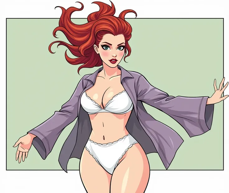 (masterpiece, best quality)), ((((perfect anatomy)))), Curvy Latina with long red hair, dark eyeshadow, dark red lipstick, white bra, (((white cotton panties))), purple robes, (((realistic art style)))