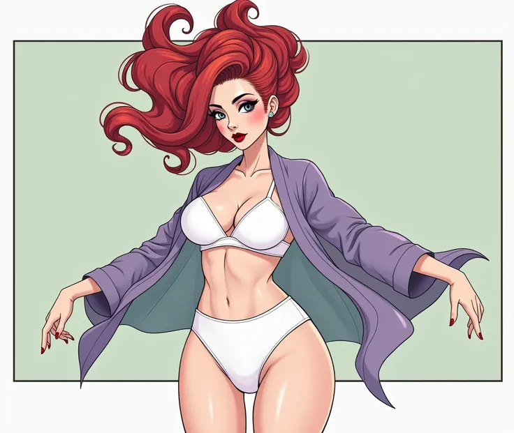 (masterpiece, best quality)), ((((perfect anatomy)))), Curvy Latina with long red hair, dark eyeshadow, dark red lipstick, white bra, (((white cotton panties))), purple robes, (((photo realistic)))