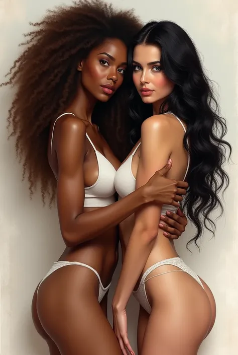 Create a book cover with two women, a brunette woman with long afro hair and the other white woman with long black hair and blue eyes., erotic not being real photos but in drawing