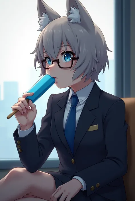 A furry teenager with glasses wearing a serious anime style uniform. sitting to the right eating a blue popsicle looking up