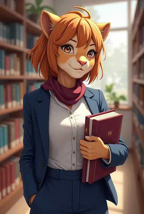 Female lioness, school, in his hand books with a smile without muscles, with a white shirt suit and a blue suit, with little hair with a small wine-colored scarf around her neck 