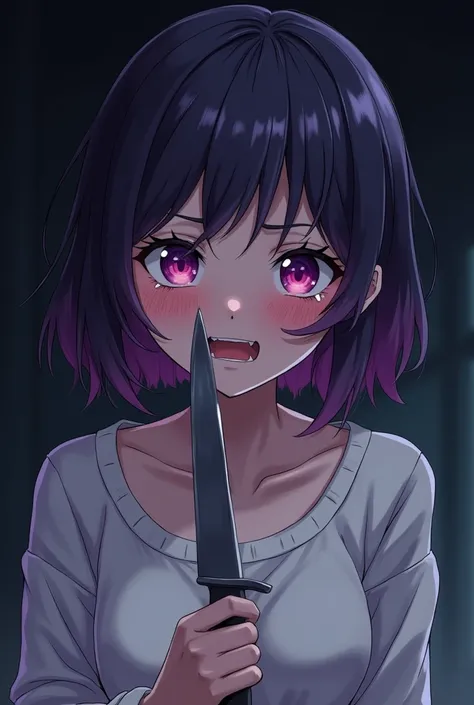 Anime Beautiful girl purple and black short hair holding a knife to stab her own self crying