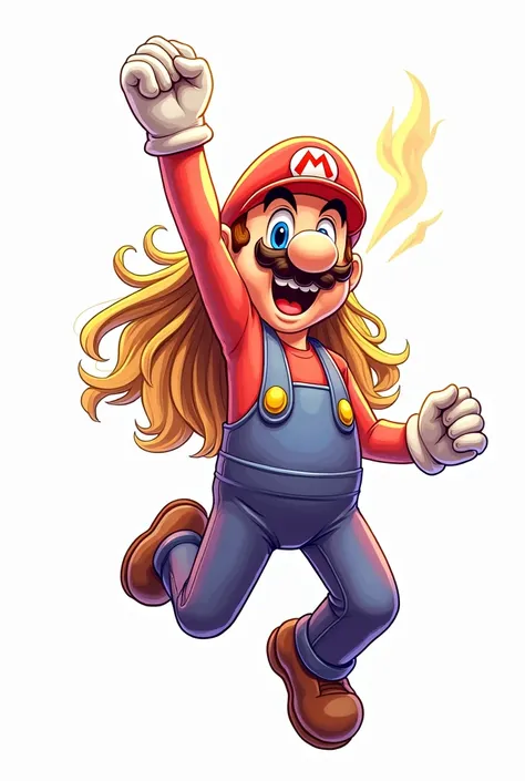 A statue of a , long straight hair. colourful drawing, white background, drawing style , filled line art, 2d. burning smile, reference: Mario character celebrating as he jumps with one arm up.