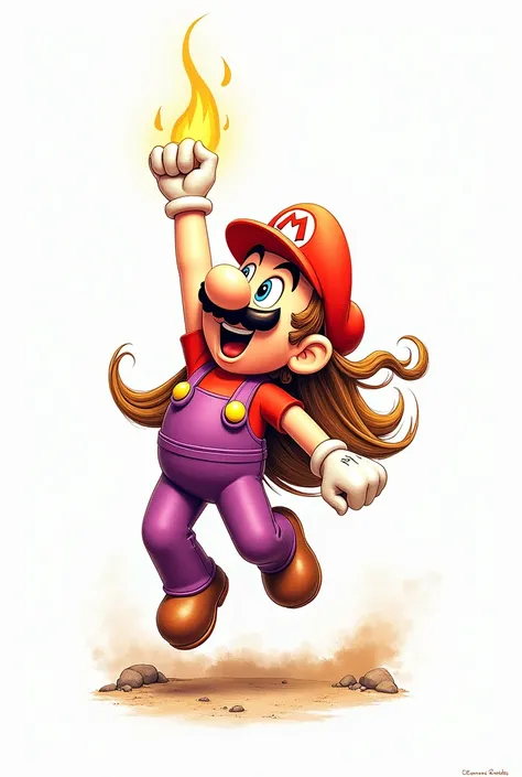 A statue of a , long straight hair. colourful drawing, white background, drawing style , filled line art, 2d. burning smile, reference: Mario character celebrating as he jumps with one arm up.