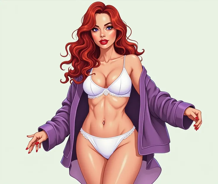 (masterpiece, best quality)), ((((perfect anatomy)))), Curvy Latina with long red hair, dark eyeshadow, dark red lipstick, white bra, (((white cotton panties))), purple robes, (((photo realistic)))