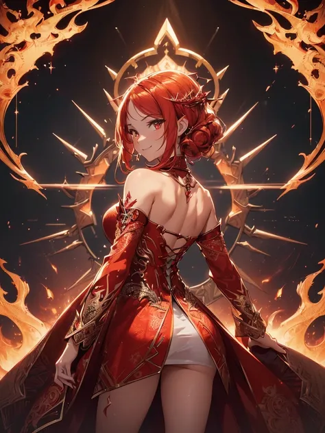 (((best quality, sharp image, clear image, cinematic lighting, 8k resolution, masterpiece, ultra detailed, intricate))) Girl, sorcerer, cute, intricate dress, smiling, fiery red, ((intricate background)), (rune frame), dimension, ((shot from behind)), fire...