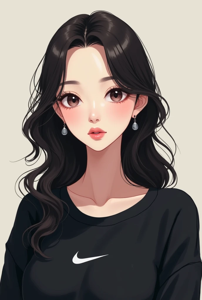 white woman with pink lips, long wavy hair, ear rings, portraite, black nike sweatshirt. anime styling.