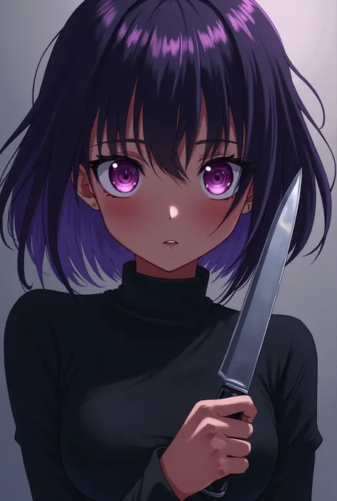 Anime Beautiful girl purple and black short hair holding a knife stabbing herself her eyes pupil are dizzy and she is a black girl 