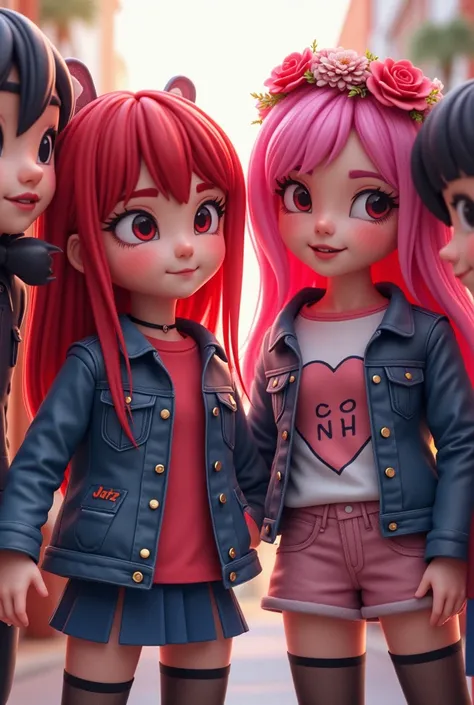 2 girls and 2 boys in Roblox character in 1 frame
1 girls dress up as emo red hair 
1 girl dress up as pink hair girl with flowers crown and kpops TWICE merch
