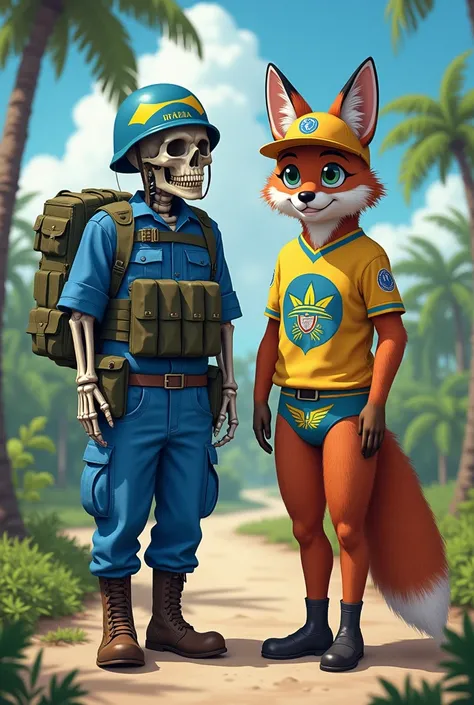 Brazilian skeleton soldier with skull mask and UN helmet, with the other company of a furry anime fox soldier in panties with a mime shirt with a big ass with a UN helmet on a peace mission in Haiti.