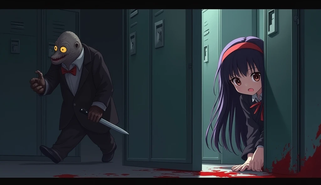 May ((a school girl with long dark purple hair that reaches her mid-back. She always wears a red headband. She has brown eyes. She wears a long-sleeved shirt and a black skirt.)) hid in a locker and The Mole mascot ((A scary mole mascot costume, a bloody s...