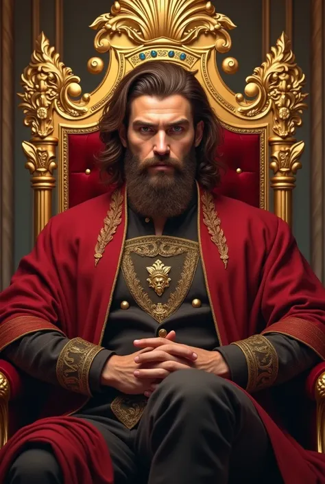 Brown hair man with brown beard sitting on his golden throne