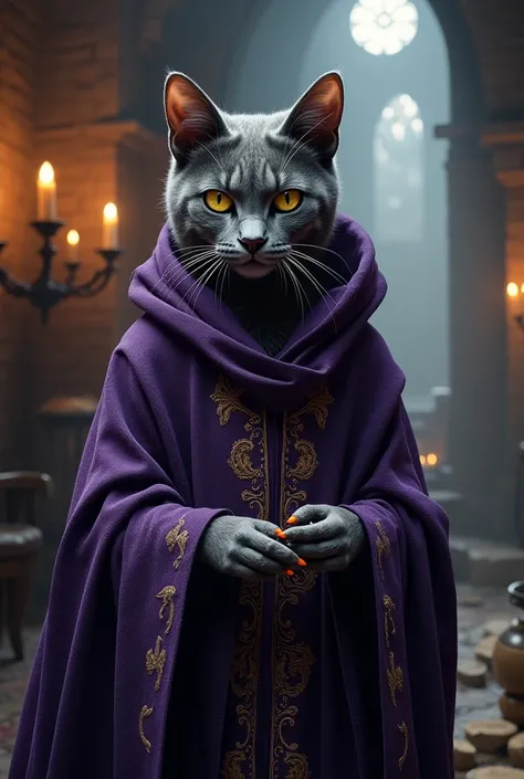 A medieval humanoid wizard cat with dark purple robes