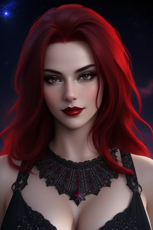 (Masterpiece - Ultra-Detailed, High Resolution) ((vivid red hair)), mature woman, 30 years old, diamond face, red starry sky background, depth of field, magic, big red lips, ((dark and black eyes)) black and red long and full dress, covered chest, mystical...