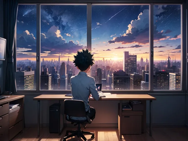 my_hero_academia, windows_overlooking_night_sky, computer_desk,