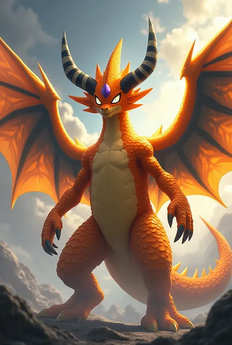 
**2. Level:**

**name:** Tempestmon  
**Level:** Ultimate (adult)  
**Typ:** Sky Digimon  
**容姿:** Tempestmon is an orange scale ,long black horns eyes to horns black are majestic, storm-like dragon with huge, translucent wings, that look like a sky of li...