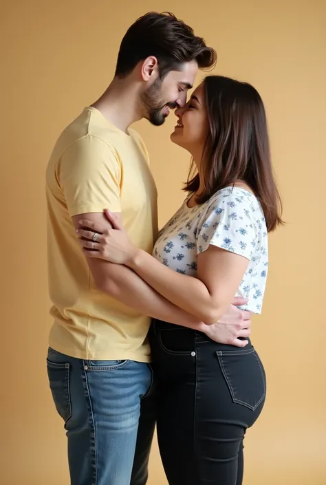 Standing couple tall very much lean boy wearing light yellow t-shirt and blue jean, short plus size girl medium hair wearing full sleeves small blue floral print on white top and black Jean 