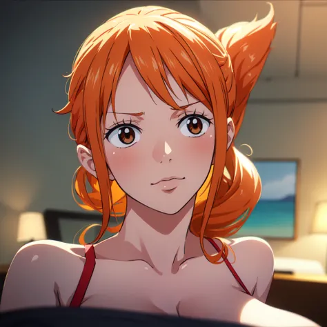 Nami from One Piece, Long orange ponytail hair, (Highest quality, 4K, 8k, High resolution, masterpiece:1.2), Very detailed, and (Realistic, photoRealistic, photo-Realistic:1.37) Beautiful brown eyes, blush, See-through T-shirt,See-through so you can see yo...