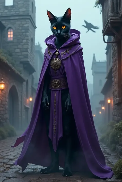 A black cat humanoid medieval wizard with dark purple robes