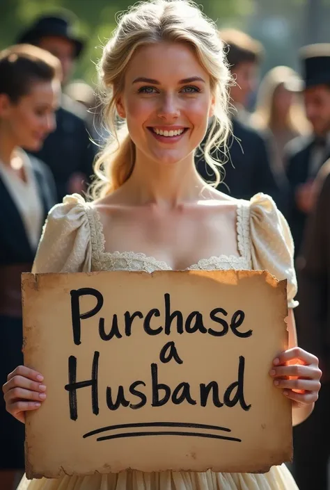 A friendly blonde woman in period dress with a sign that reads: urgently buy husband LADY pays well 