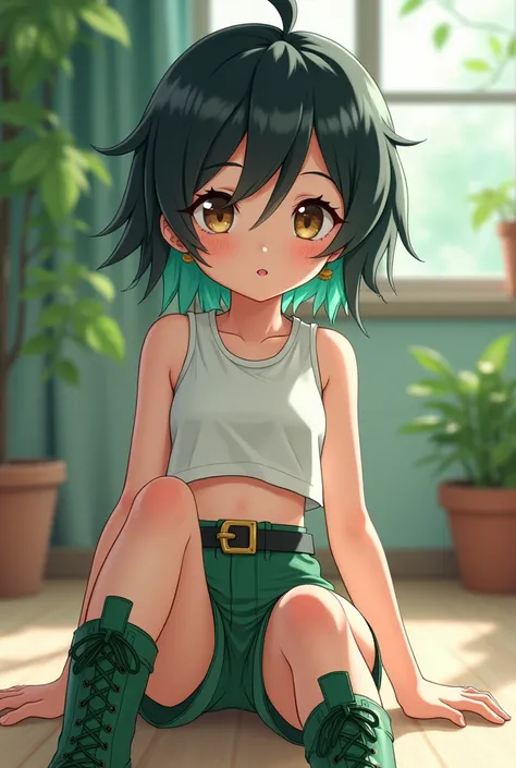 YOU COULD CREATE A CHARACTER WITH ANIME AESTHETICS THAT HAS BLACK HAIR WITH DARK GREEN SPIKED UP, A WELL-DEFINED FACE THAT TRANSMITS INNOCENCE, KINDNESS, LIGHT BROWN EYES, OUTFITS: GREEN SHORT SHORTS WITH BELT AND WHITE CROPPED TOP AND GREEN HIGH LEATHER B...