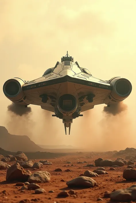 A futuristic sci-fi spaceship inspired by the style of the Prometheus ship from the Alien universe, with an elegant design, angular e industrial. The ship is shown floating low over a barren, rocky landscape., preparing to land. The powerful thrusters are ...