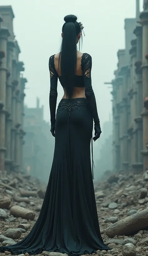 Chinesa, gothic, majestic body, goddess, big-ass, legging pants, standing backwards, looking at the destroyed city, photo 9 :16