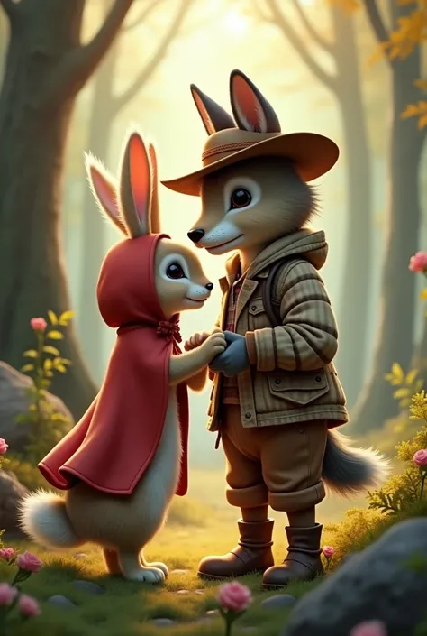 A rabbit wearing a Little Red Riding Hood costume and a wolf wearing a hunter costume stand together as lovers.