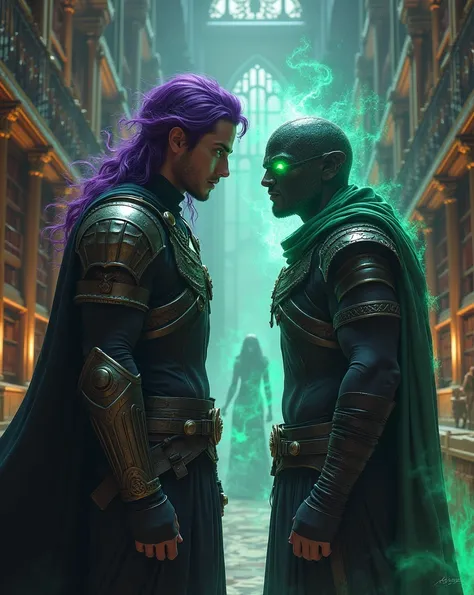 sexy bad boy warrior with purple hair and electric green eyes, thin armor and a hood in a magical library, arguing heatedly with an ancient spirit