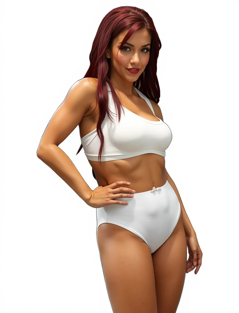 (masterpiece, best quality)), ((((perfect anatomy)))), Curvy Latina with long red hair, dark eyeshadow, dark red lipstick, white bra, (((big white hanes cotton panties))), ((80s film, 80s movie scene, 80s TV Style)), (((photo realistic)))