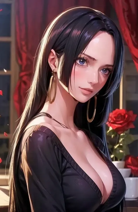 best quality, masterpiece, highly detailed,1girl, ((rose)), (vine), cage, bandage, red rope, (detail light), falling rose petals, Boa Hancock,, (masterpiece:1.5), Detailed Photo, Smiling,(8K, Photorealistic, Best Quality: 1.4), (1girl), Beautiful Face, (an...