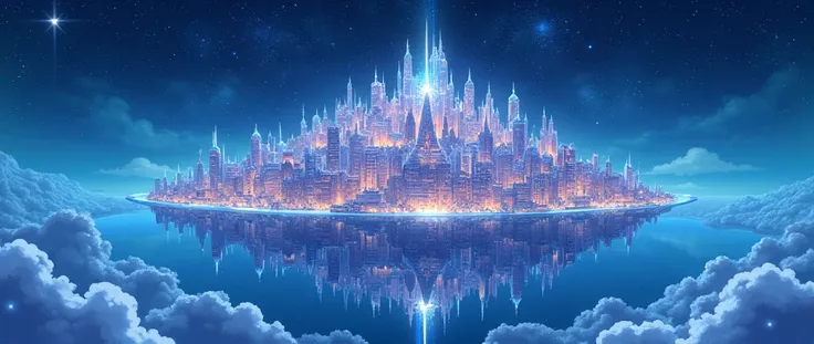 Highly detailed anime-style still images, Ghibli Studio Style, masterpiece, Official Art, Professional, ((Super detailed)), 8k,
A sparkling city, crystallization, Reflective surface, Prism light effect, The setting is a floating island surrounded by a star...