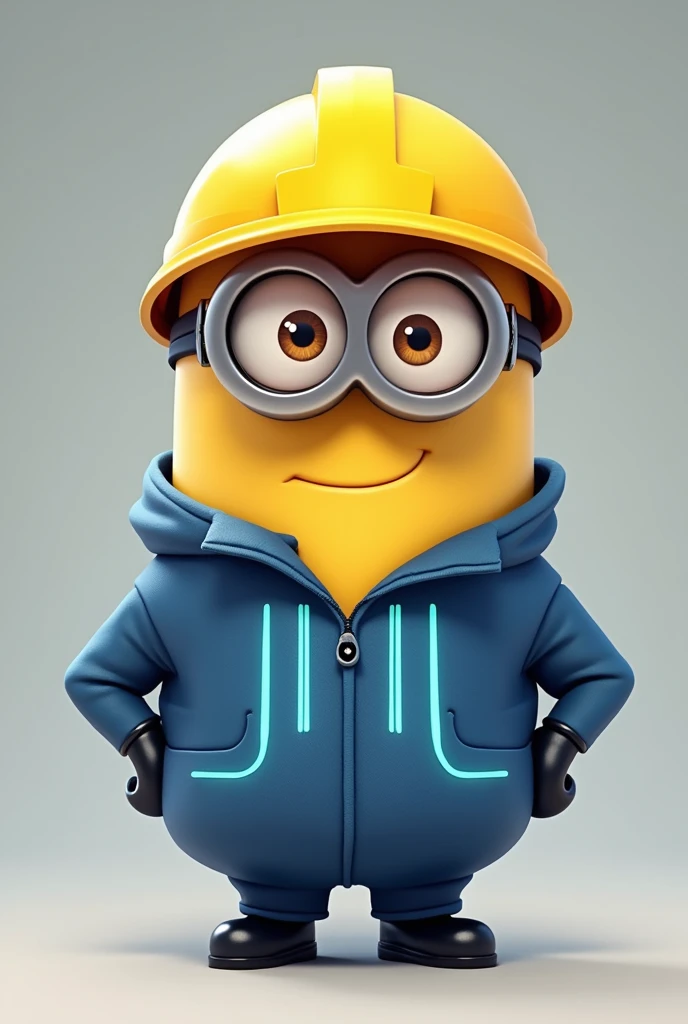 A minion standing sideways wearing a yellow worker helmet and blue uniform with luminous lines 
