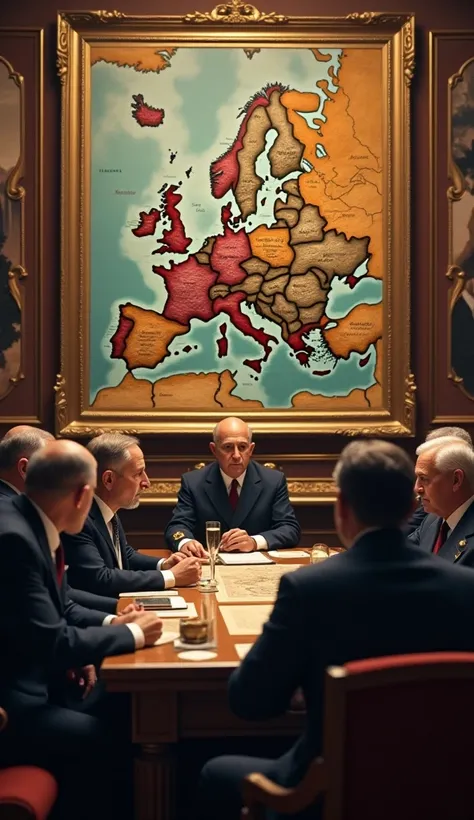 "European leaders in early 20th century attire, discussing in a grand, opulent room, 1914, representing the major powers of Europe divided into the Allies and Central Powers, a large map of Europe in the background, hyper-realistic, photo realism, cinemato...