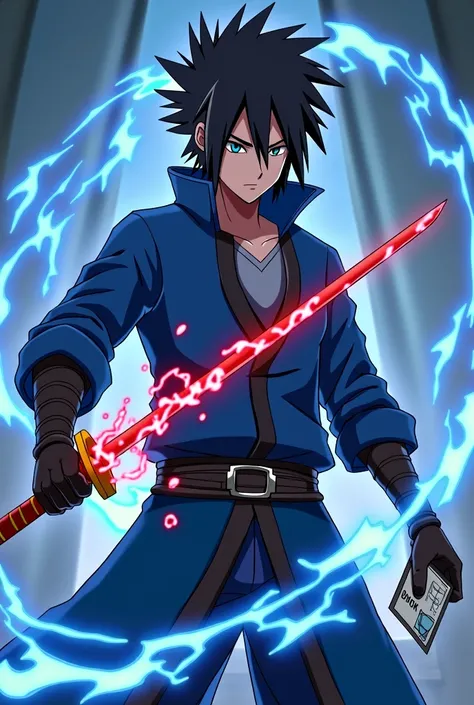 onagem that is a ninja contains a style SIMILAR to Boruto&#39;s BLUE vortex has 1,75 tall, blue eyes, clothes like Sasuke&#39;s in Boruto, straight brown hair with spikes like the protagonist of Shield Hero and a serious face and is 1, holds a red flaming ...