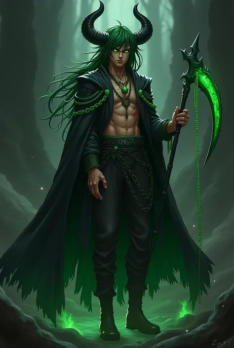 anime boy (dark fantasy) with green dreads, green eyes, brown skin, black horns and a black cloak with green chains around him as he holds a green scythe (full body)