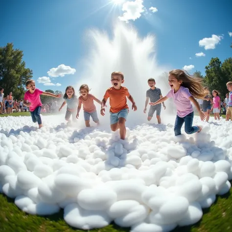 A wide-angle shot of an outdoor event with kids running and dancing in a thick layer of foam. The foam cannon is visible in the background, continuously shooting out foam, with a bright blue sky and green grass adding to the festive atmosphere.