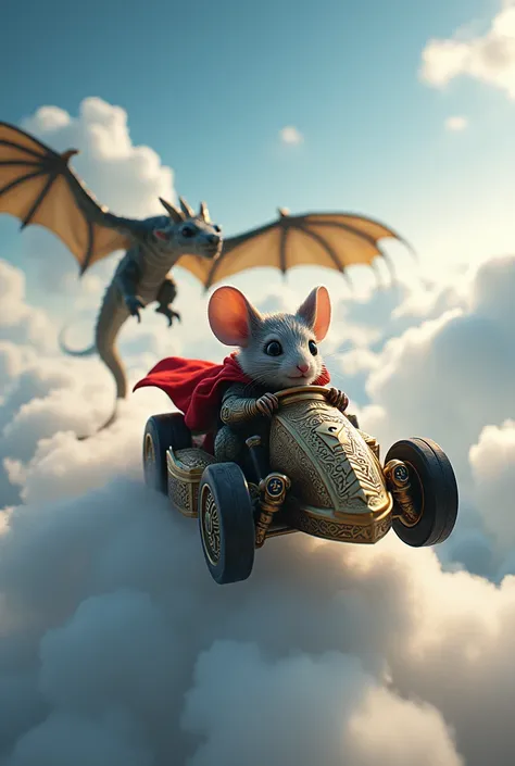 Mouse racing kart dressed as Thor with dragon flying in the sky 