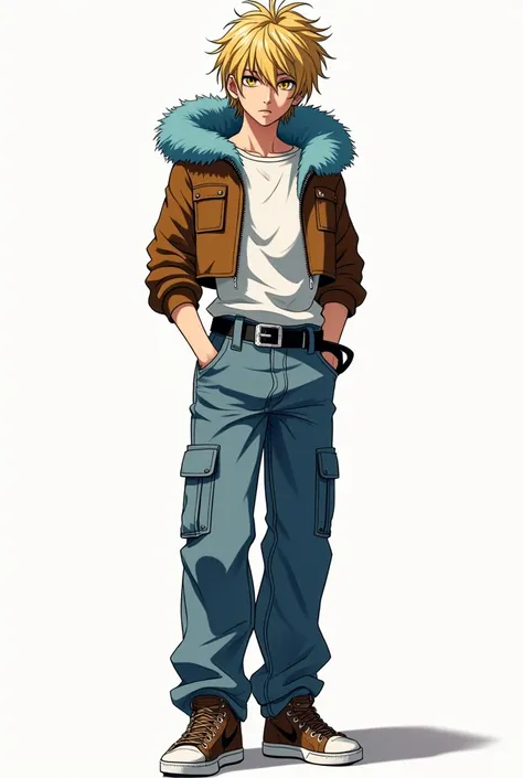 death Note, adolescent, elegant, attractive, by rubio, eyes the color of honey, short and messy hair, Cropped brown leather jacket with blue fur lining on the hood, white t-shirt tucked into pants, baggy jeans, black and silver belt, yellow energy, Brown s...