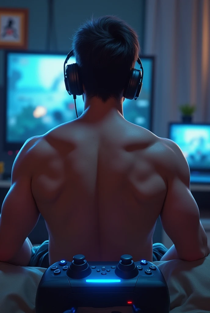 Draw me a person with a good physique playing on a video game console with a full back and light