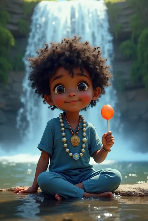 Little John of the Waterfall, a boy in blue clothes, a necklace of blue and light blue pearls with white, sitting under a waterfall, that has dark skin, with curly hair and a lollipop in hand
