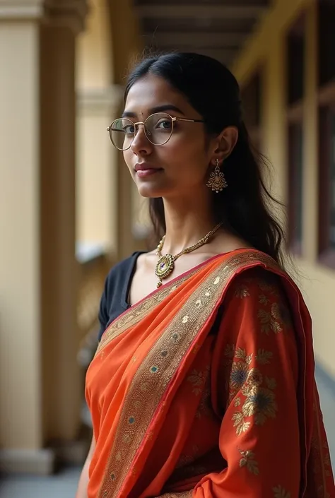 Girl wearing saree looking gorgeous with , nice necklace on her neck, wearing spectacles in college 