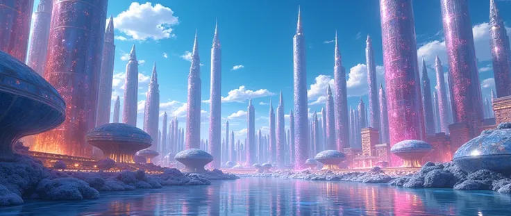 Highly detailed anime-style still images, Ghibli Studio Style, masterpiece, Official Art, Professional, ((Super detailed)), 8k, A sparkling city, crystallization, Reflective surface, Prism light effect