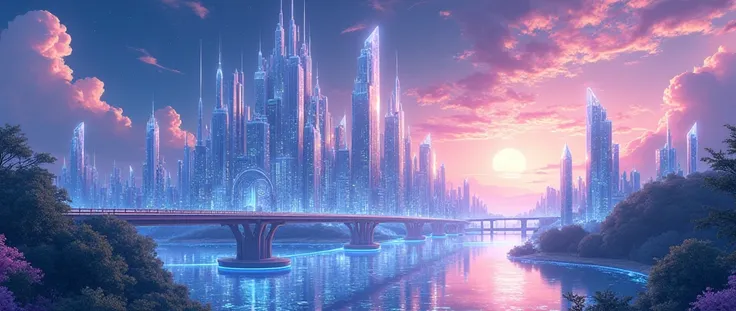 Highly detailed anime-style still images, Ghibli Studio Style, masterpiece, Official Art, Professional, ((Super detailed)), 8k, A sparkling city, crystallization, Reflective surface, Prism light effect